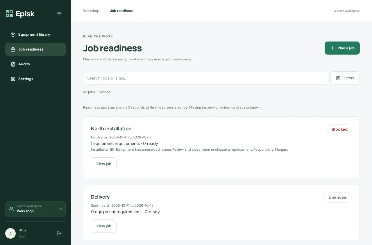 Episk equipment operations software showing job planning and readiness